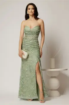 Rochie lunga din dantela verde menta croi sirena su bretele detasabile imagine