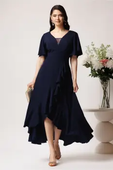 Rochie lunga eleganta din crep bleumarin cu volan pe fusta imagine