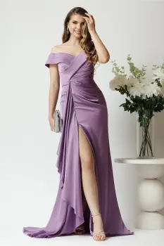 Rochie lunga eleganta din satin lila cu froseu pe talie si volan pe fusta imagine