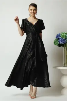 Rochie lunga eleganta din satin neagra cu model si volan imagine