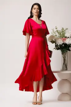 Rochie lunga eleganta din satin rosu zmeura cu volan pe fusta imagine