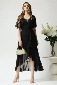 Rochie lunga eleganta din voal neagra cu insertii din fir lurex imagine