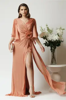 Rochie lunga eleganta din voal rose cu reflexii aurii si floare maxi in talie imagine