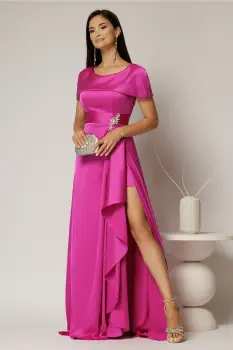 Rochie lunga fucsia din satin cu slit pe picior si aplicatie pe talie imagine