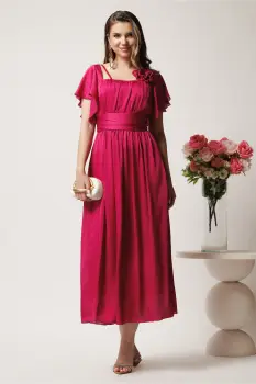 Rochie lunga fucsia in clos din voal cu floare la bust- Moze imagine