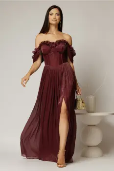 Rochie lunga grena de ocazie din voal peliculizat cu bust tip corset imagine