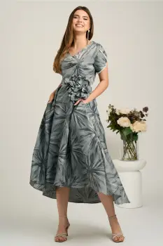 Rochie lunga gri din brocard in clos cu imprimeu si floare maxi detasabila- LaDonna imagine