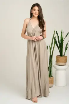 Rochie lunga gri din viscoza cu croi lejer si snur reglabil in talie imagine