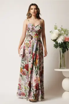 Rochie lunga ivory cu flori colorate din satin in clos cu fusta petrecuta si crapatura- LaDonna imagine