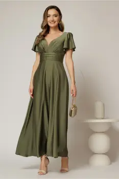 Rochie lunga kaki de ocazie cu decolteu adanc si maneci scurte evazate imagine