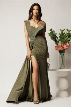 Rochie lunga kaki din lycra mulata cu tull transparent si strasuri in talie imagine