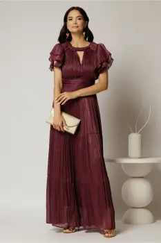 Rochie lunga magenta de ocazie din voal peliculizat cu decupaj si impletitura la decolteu imagine