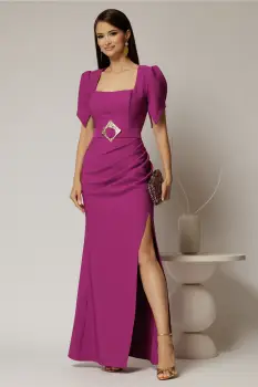 Rochie lunga magenta de seara cu decolteu patrat si maneci scurte imagine