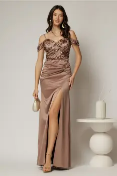 Rochie lunga maro de ocazie din tafta si paiete imagine