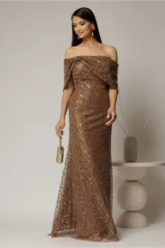 Rochie lunga maro de seara din dantela cu perle si paiete imagine