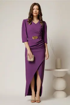 Rochie lunga mov de ocazie cu fronseuri si cordon cu catarama in talie imagine