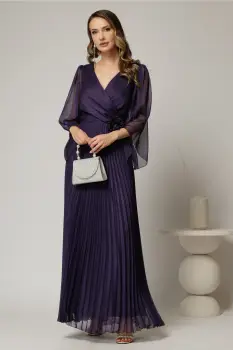 Rochie lunga mov eleganta de ocazie cu fusta plisata si floare in talie imagine