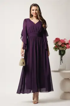 Rochie lunga mov in clos din voal cu decolteu- Moze imagine