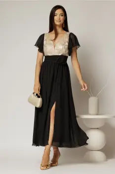 Rochie lunga neagra cu auriu de ocazie cu broderie la bust si detaliu in talie imagine