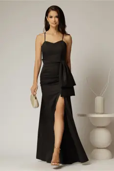 Rochie lunga neagra cu croi sirena si funda ampla pe talie imagine