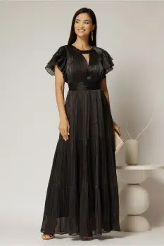 Rochie lunga neagra de ocazie din voal peliculizat cu decupaj si impletitura la decolteu imagine