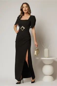 Rochie lunga neagra de seara cu decolteu patrat si maneci scurte imagine