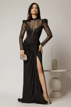 Rochie lunga neagra de seara cu top din dantela detasabil imagine