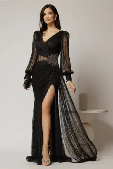 Rochie lunga neagra de seara din dantela cu aplicatii pe talie imagine