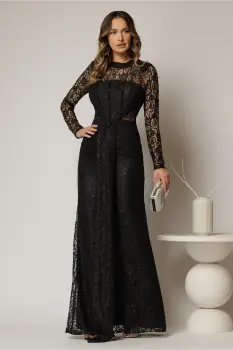 Rochie lunga neagra de seara din dantela cu crepeu pe fusta imagine