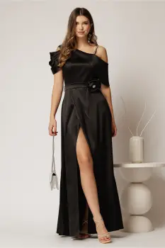 Rochie lunga neagra de seara din tafta eleganta imagine