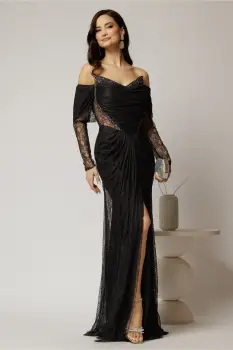 Rochie lunga neagra de seara tip sirena din dantela si decolteu accesorizat imagine