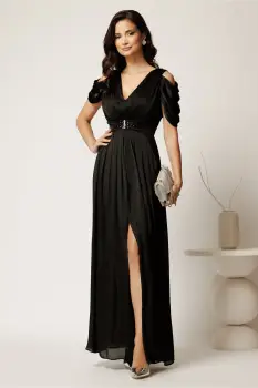 Rochie lunga neagra din voal cu strasuri in talie imagine