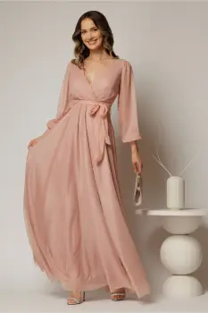 Rochie lunga roz cu glitter cu decolteu petrecut si cordon in talie imagine