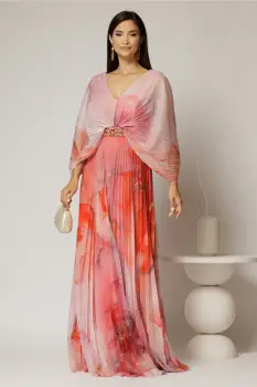Rochie lunga roz cu imprimeuri corai din tull plisat imagine