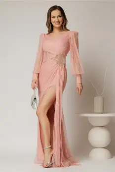 Rochie lunga roz de seara din dantela cu aplicatii pe talie imagine