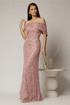 Rochie lunga roz de seara din dantela cu perle si paiete imagine