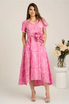 Rochie lunga roz din brocard in clos cu imprimeu si floare maxi detasabila- LaDonna imagine