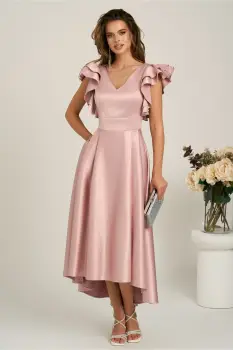 Rochie lunga roz din tafta subtire in clos cu volanase la bust- LaDonna imagine