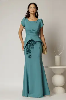 Rochie lunga turcoaz de ocazie cu croi sirena si aplicatii florale sub peplum imagine