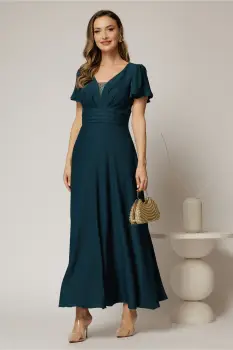 Rochie lunga turcoaz de ocazie cu decolteu adanc si maneci scurte evazate imagine