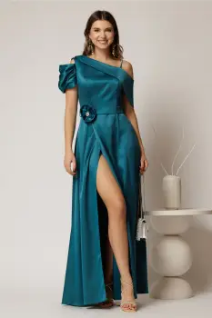 Rochie lunga turcoaz de seara din tafta eleganta imagine