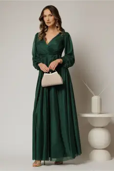 Rochie lunga verde cu glitter cu decolteu petrecut si cordon in talie imagine