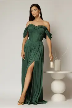 Rochie lunga verde de ocazie din voal peliculizat cu bust tip corset imagine