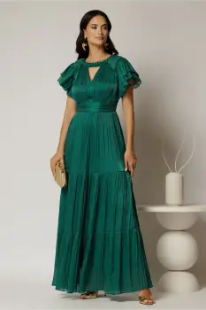 Rochie lunga verde de ocazie din voal peliculizat cu decupaj si impletitura la decolteu imagine
