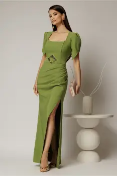 Rochie lunga verde de seara cu decolteu patrat si maneci scurte imagine