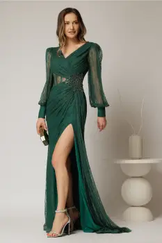 Rochie lunga verde de seara din dantela cu aplicatii pe talie imagine