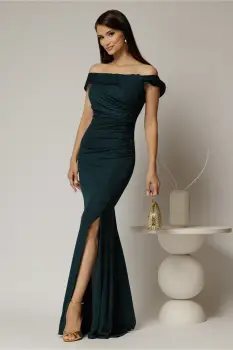 Rochie lunga verde de seara din lycra cu sclipici si design atipic imagine
