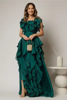 Rochie lunga verde de seara din voal cu volanase imagine