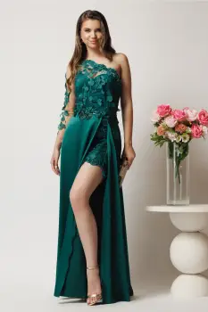 Rochie lunga verde din tafta si dantela cu crapatura maxi- Ella Collection Pamela imagine