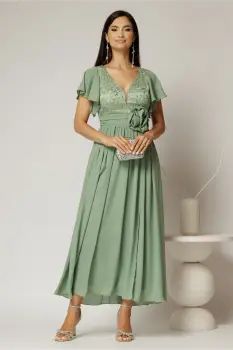 Rochie lunga verde fistic de ocazie cu broderie la bust si detaliu in talie imagine